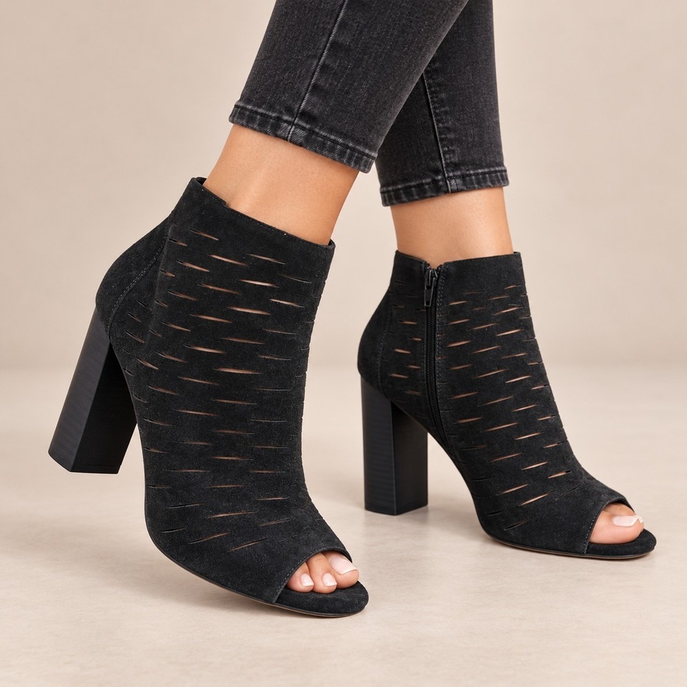 1. STATE Black Suede Shiya Bootie Women's 9M Peep Toe Whimisgoth Edgy Minimalist